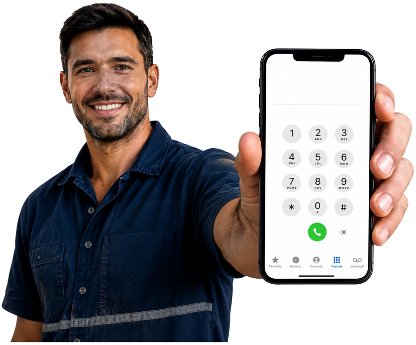 Mortlake Blocked Drains plumber holding a phone — call 1300 261 965