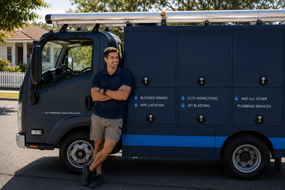 Plumber standing beside a service van in Mortlake