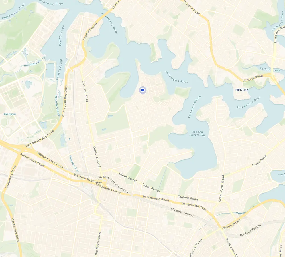 Map of the Mortlake service area and the surrounding Inner West, showing Mortlake and the nearby streets we cover.