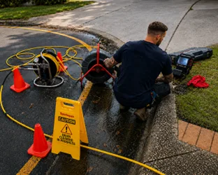 Plumber checking a blocked drain on a Mortlake job