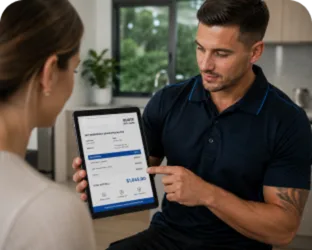 Plumber showing a Mortlake customer the quote on a tablet