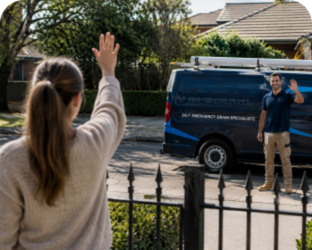 Customer waving goodbye to a Mortlake Blocked Drains plumber
